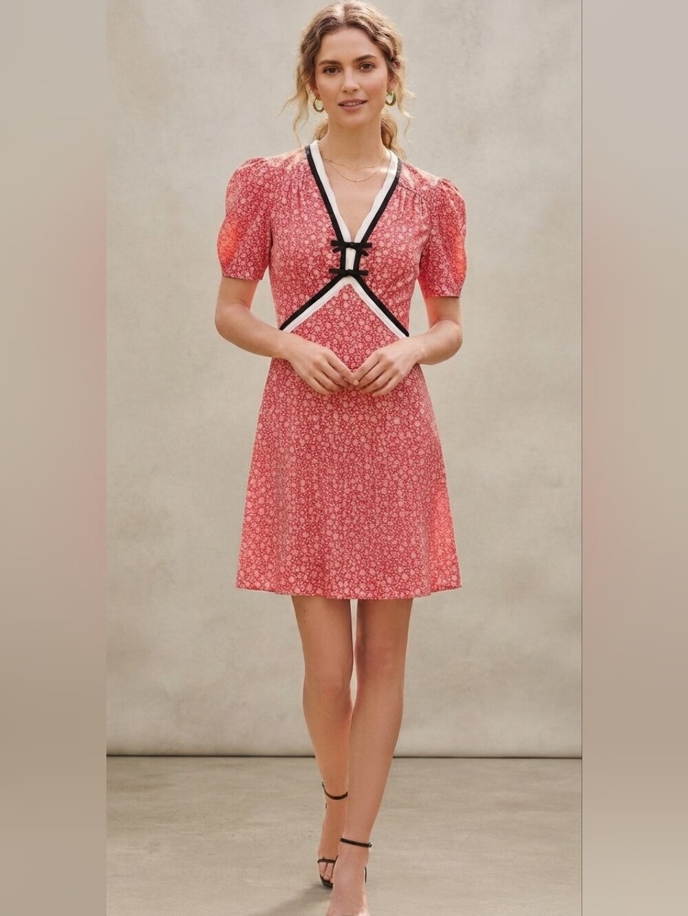 NWT MIU MIU Silk Mini Dress Red Floral Milkmaid Bow Detail Size 36/6